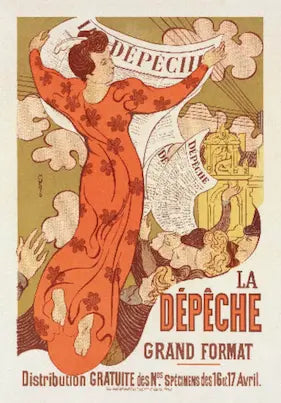 Vintage-style advertisement poster for 'La Dépèche' newspaper with a woman holding a newspaper.