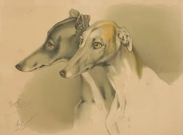 Two dogs, likely greyhounds, in a sepia-toned portrait.