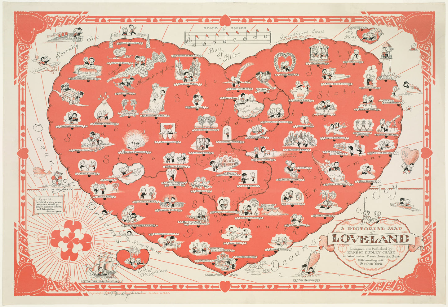Map of Loveland in the shape of a heart with illustrations on a light pink background