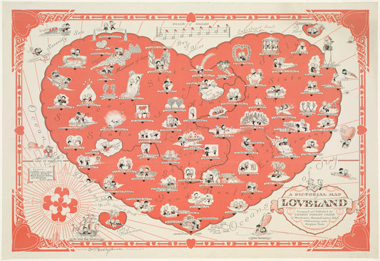 Map of Loveland in the shape of a heart with illustrations on a light pink background