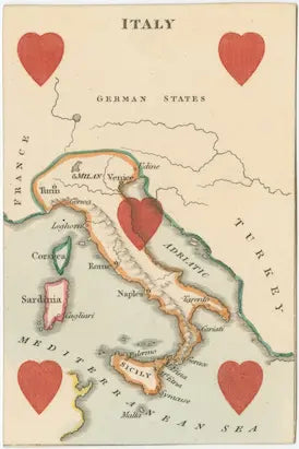 Map of Italy with hearts placed on various regions