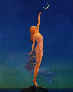 Woman reaching towards a crescent moon against a starry night sky