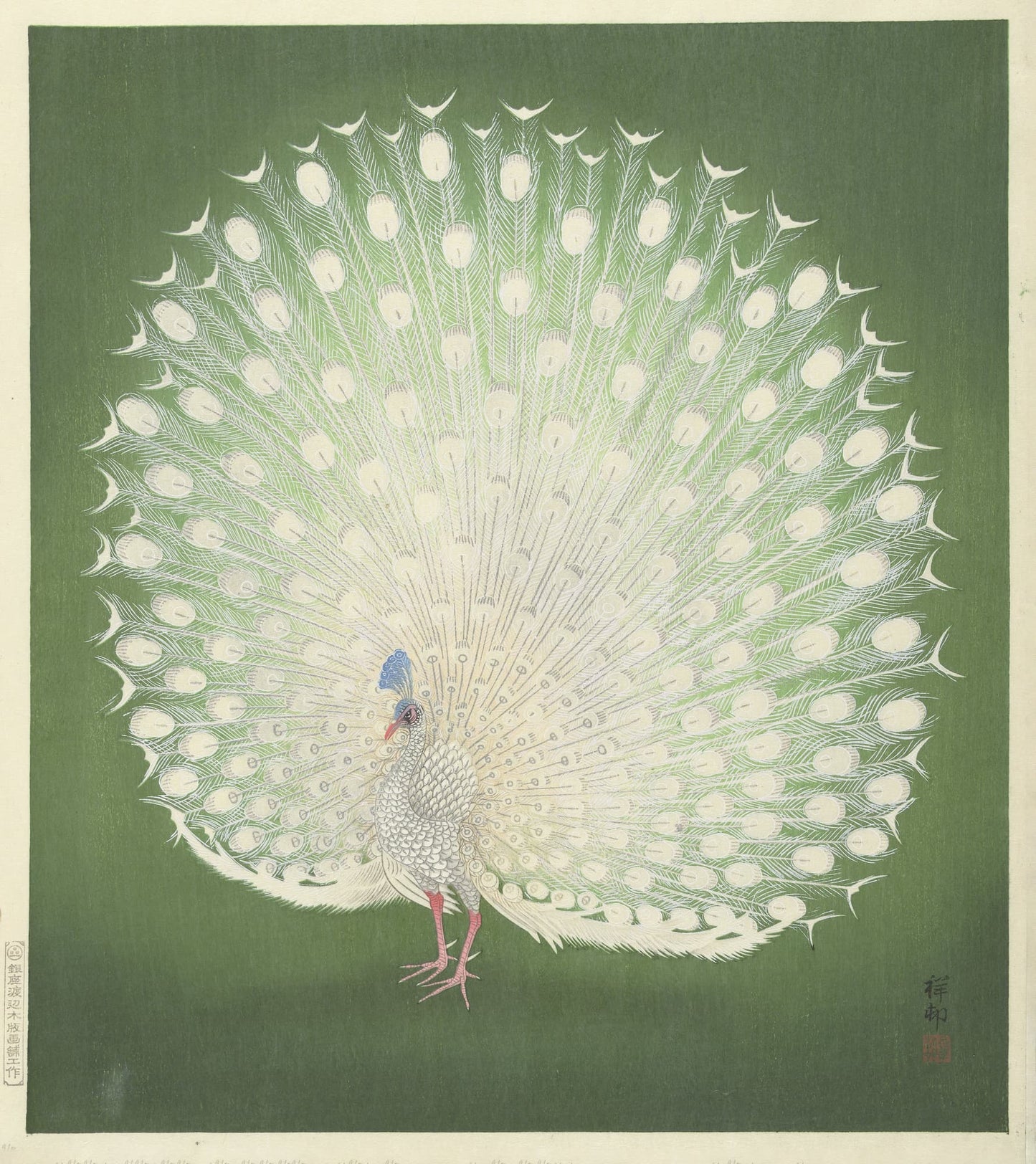 Artistic depiction of a peacock with its feathers spread wide on a green background