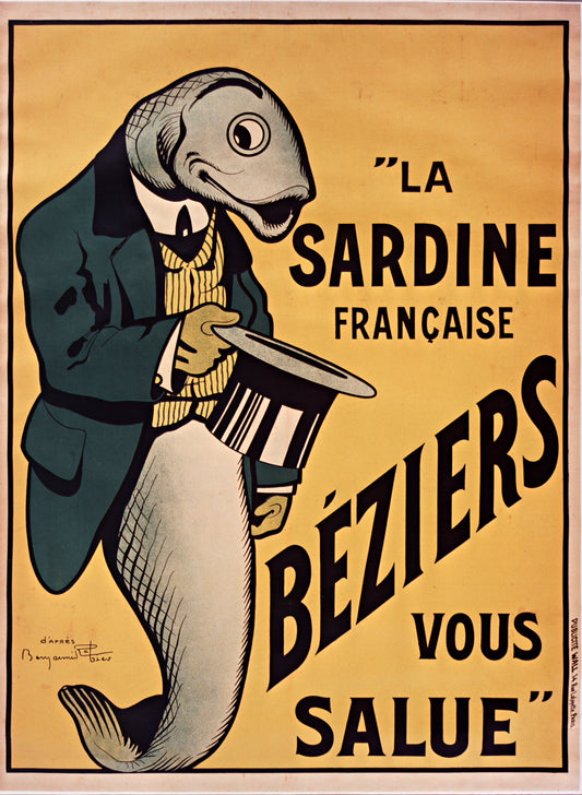 Vintage-style advertisement poster with a fish in a suit holding a plate, on a beige background.