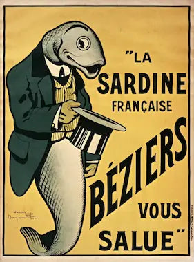 Vintage-style advertisement poster with a fish in a suit holding a hat, featuring text in French.