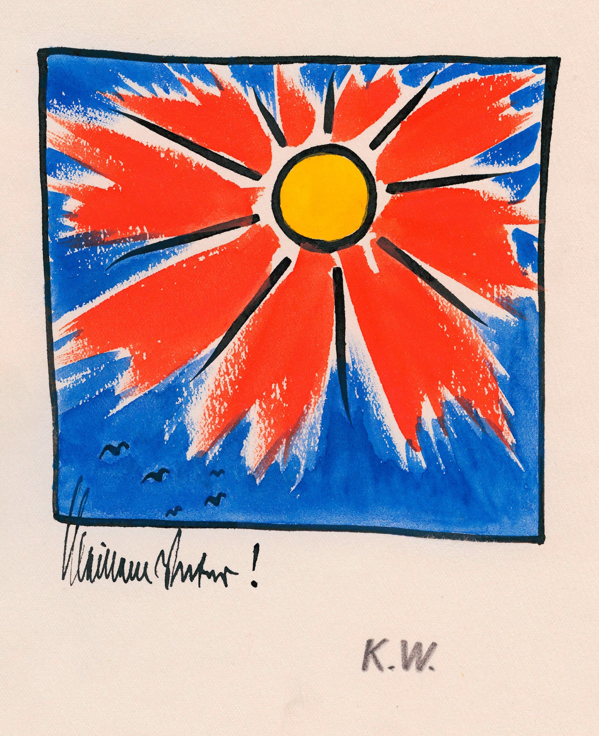 Colorful abstract design with a shining sun on a blue background, signed K.W.