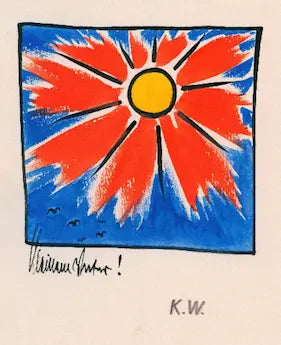 Colorful abstract design with a shining sun on a blue background, signed K.W.