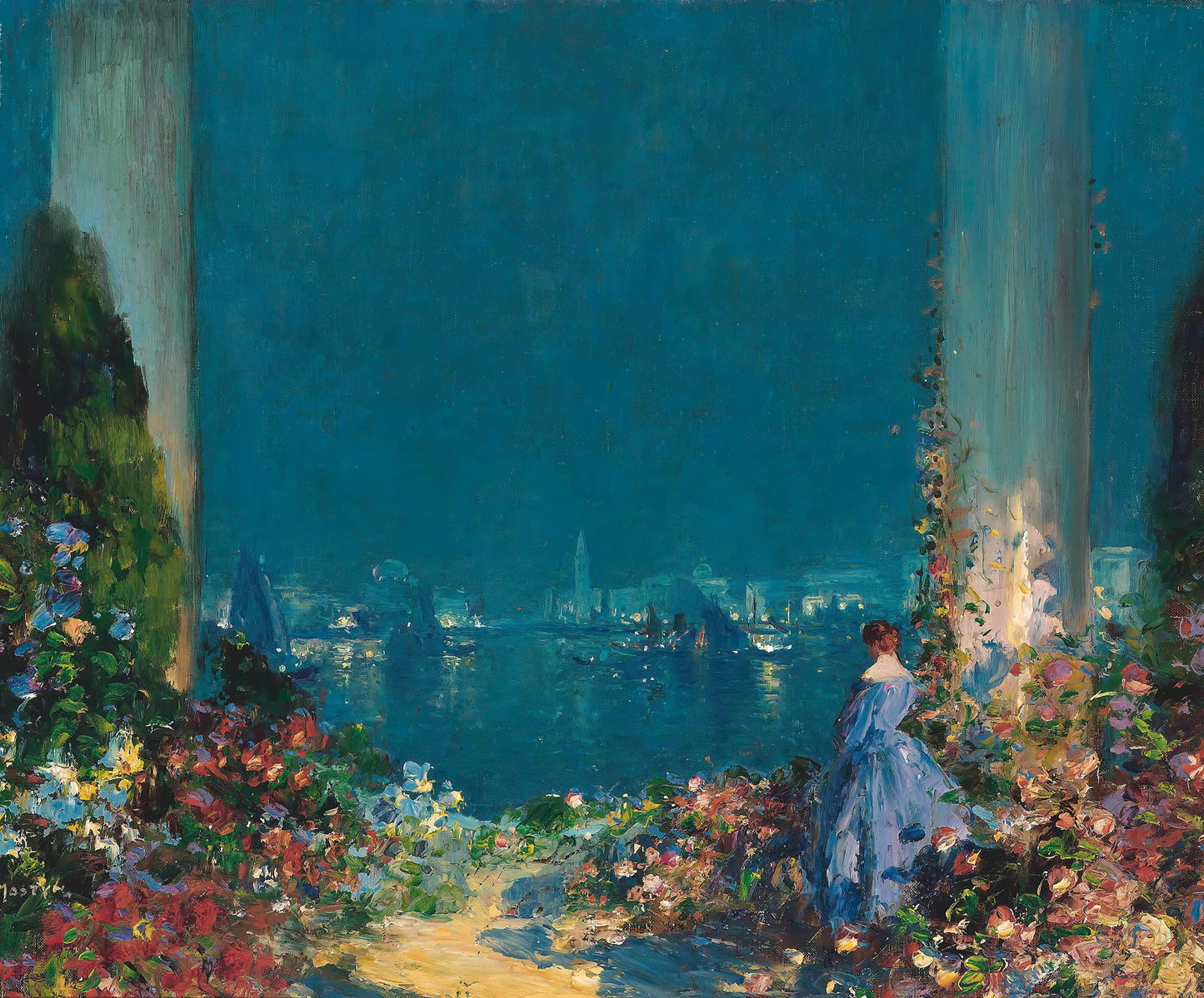 Painting of a woman walking along a path with flowers and a Venice cityscape in the background