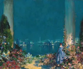 Painting of a woman walking along a path with flowers and a Venice cityscape in the background