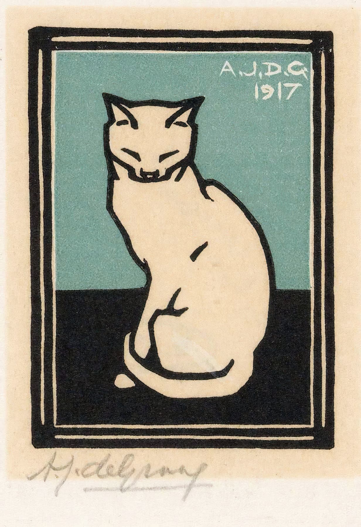 Stylized illustration of a cat on a beige background with 'A.J.D.G. 1917' text.