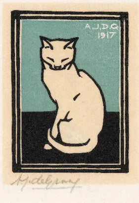 Illustration of a cat with 'AJDC 1917' text in a decorative frame.
