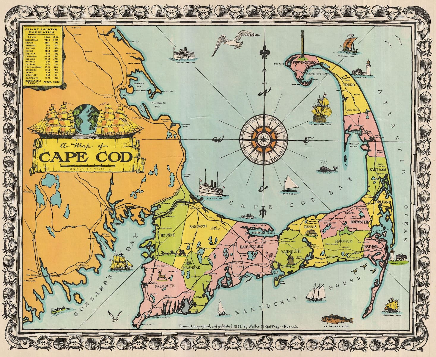 High-quality reproduction of Walter M. Gaffney's pictorial map of Cape Cod, Massachusetts, a vintage 1932 print. Features a whimsical, illustrated map with ships, landmarks, and a compass rose, emblematic of his iconic 'vintage cape cod map print' and historical American cartography.