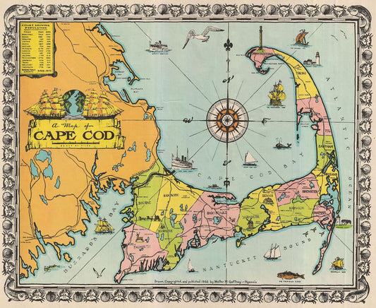 High-quality reproduction of Walter M. Gaffney's pictorial map of Cape Cod, Massachusetts, a vintage 1932 print. Features a whimsical, illustrated map with ships, landmarks, and a compass rose, emblematic of his iconic 'vintage cape cod map print' and historical American cartography.