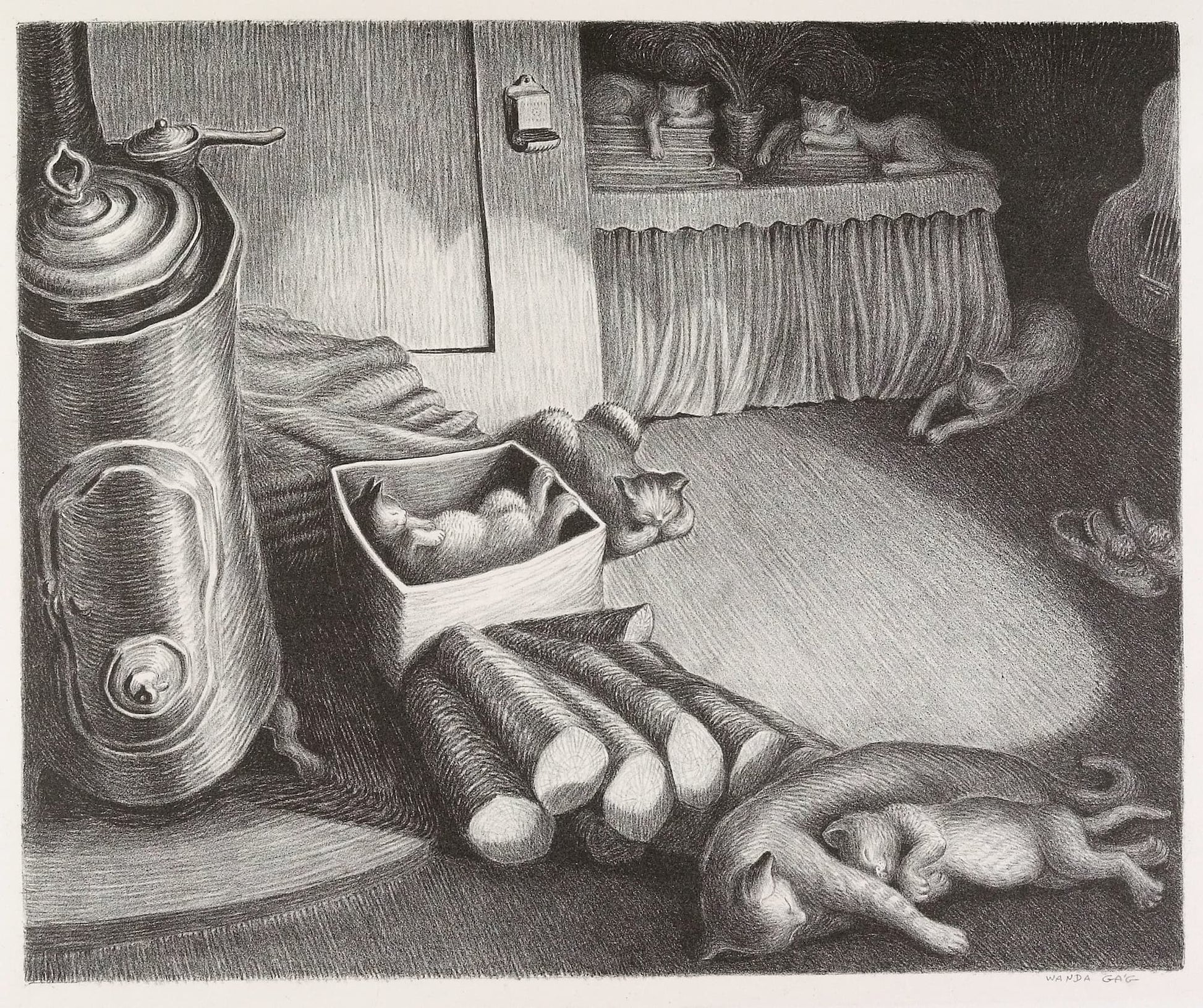 Illustration of a kitchen scene with cats and food items