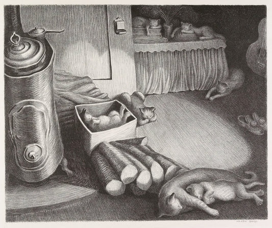 Illustration of a kitchen scene with cats and food items