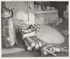 Illustration of a kitchen scene with seven cats,a teapot, bread, and other items on a table.