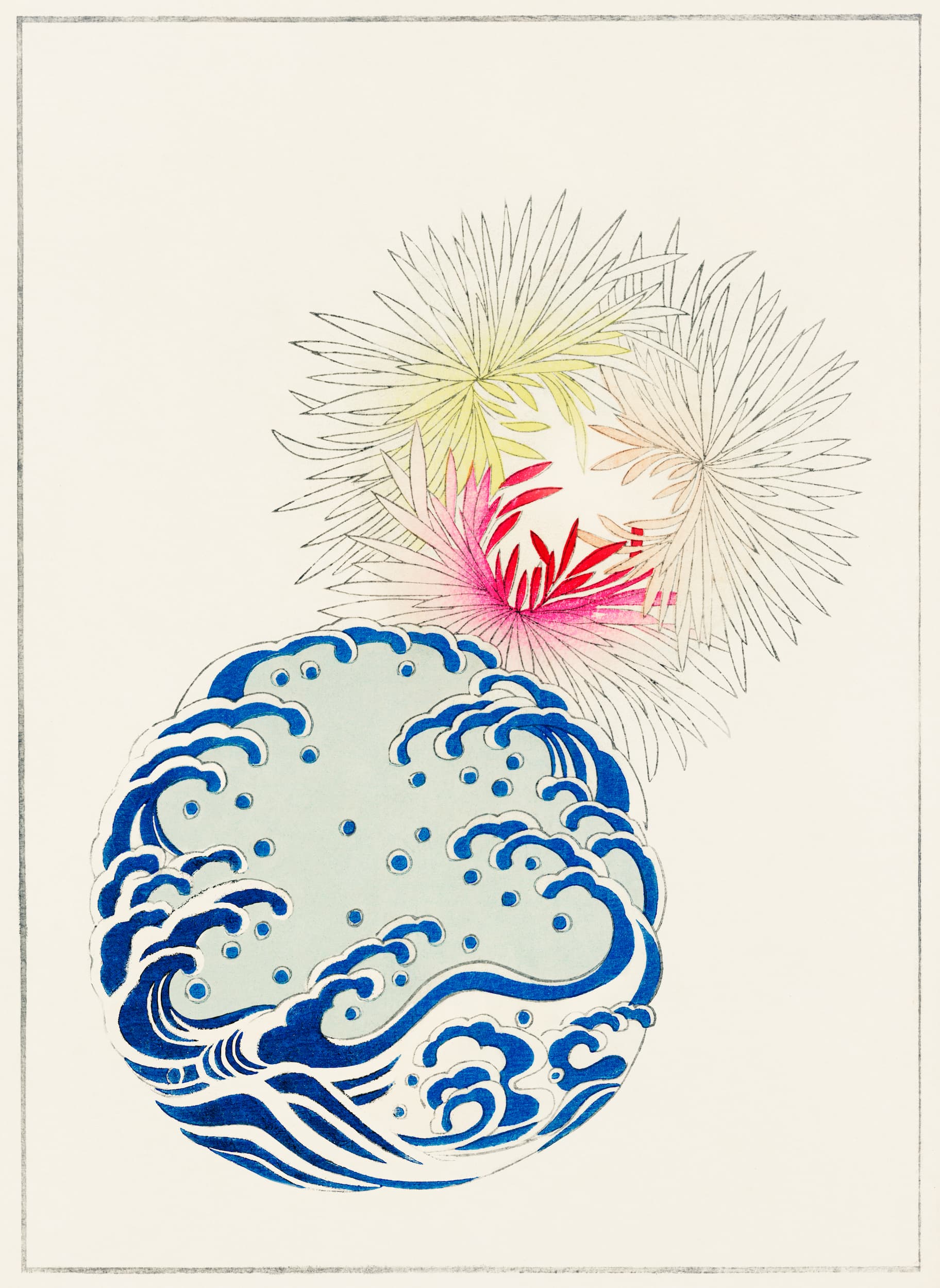 Decorative design with blue wave pattern and colorful fireworks on a white background