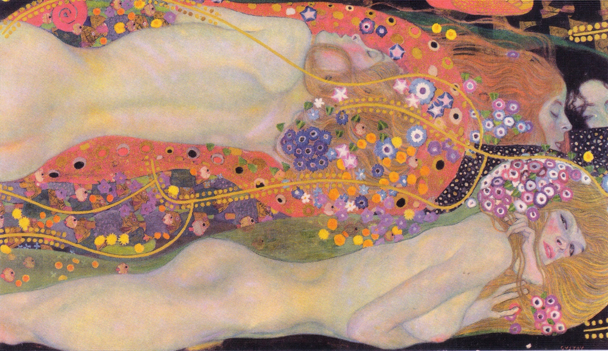 Artistic depiction of two nude figures intertwined with floral patterns, inspired by Gustav Klimt's style.