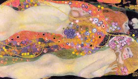 Artistic depiction of a woman with flowing hair and floral elements, by Klimt.