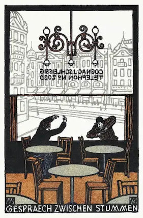 Illustration of a Vienna cafe interior with two people at a table, framed by a window view of a city street.