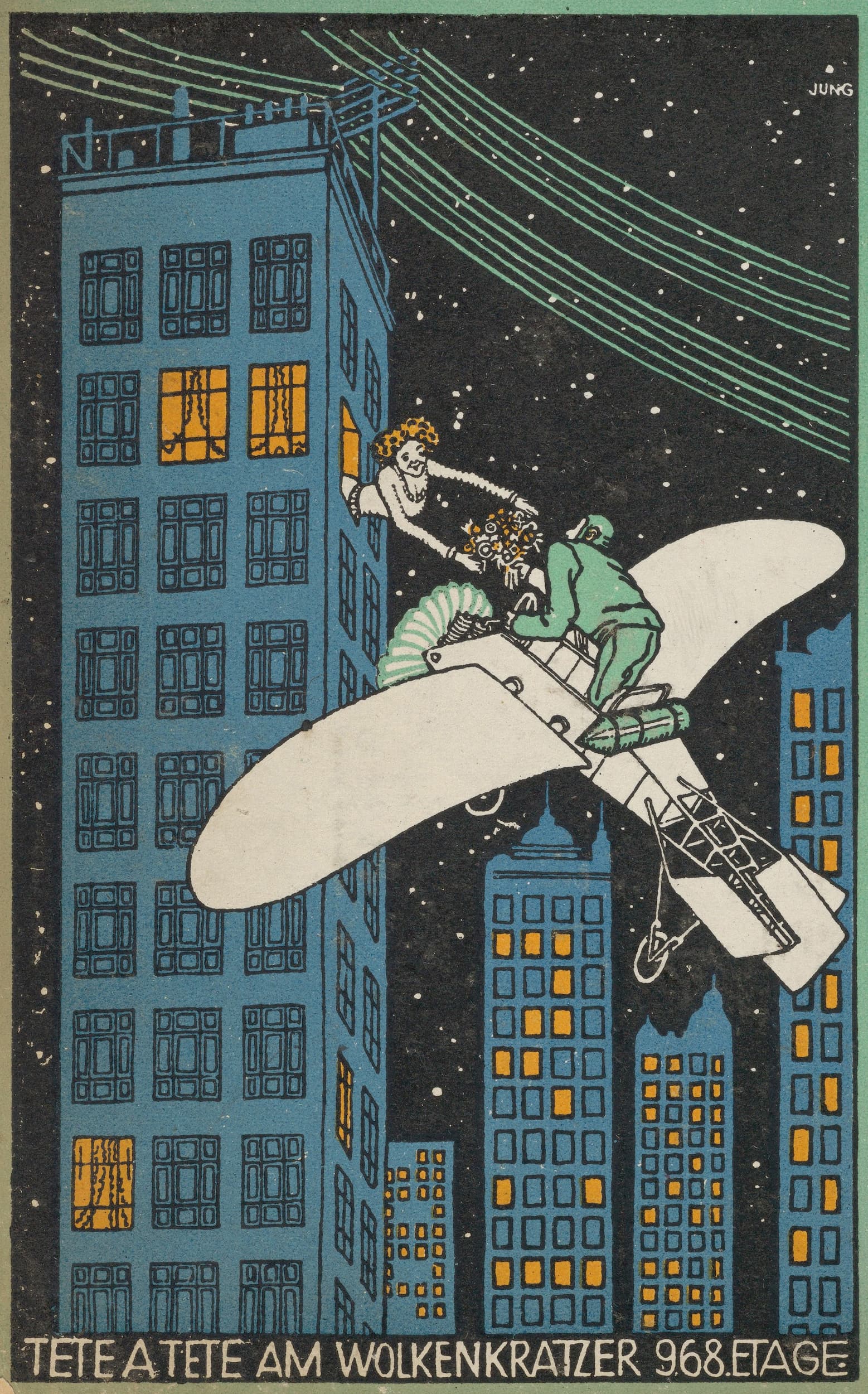 Illustration of two people on a rooftop with a city skyline in the background