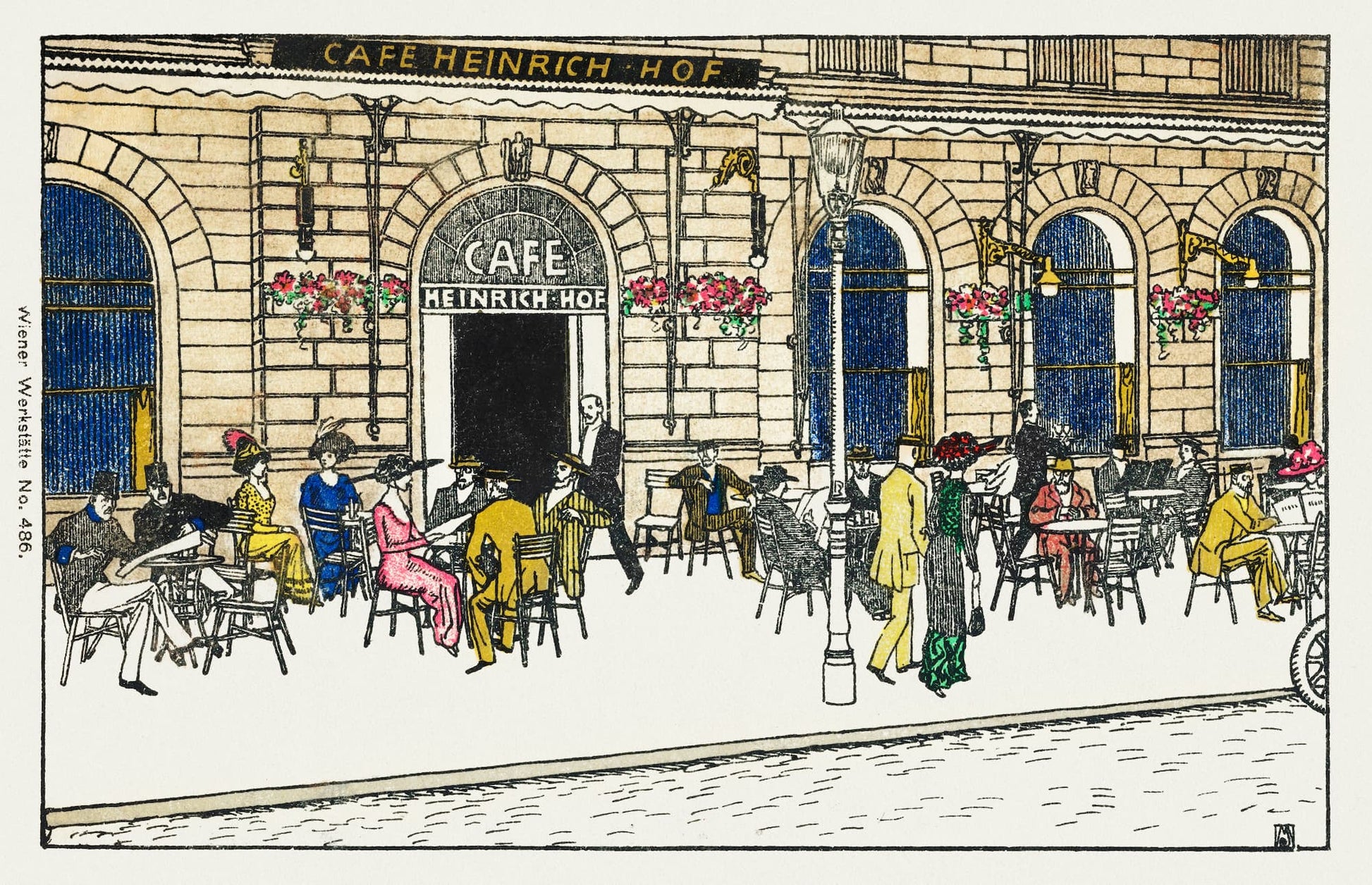 Vintage illustration of a cafe named 'Cafe Heinrich Hof' with people sitting outside.