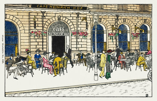 Vintage illustration of a cafe named 'Cafe Heinrich Hof' with people sitting outside.