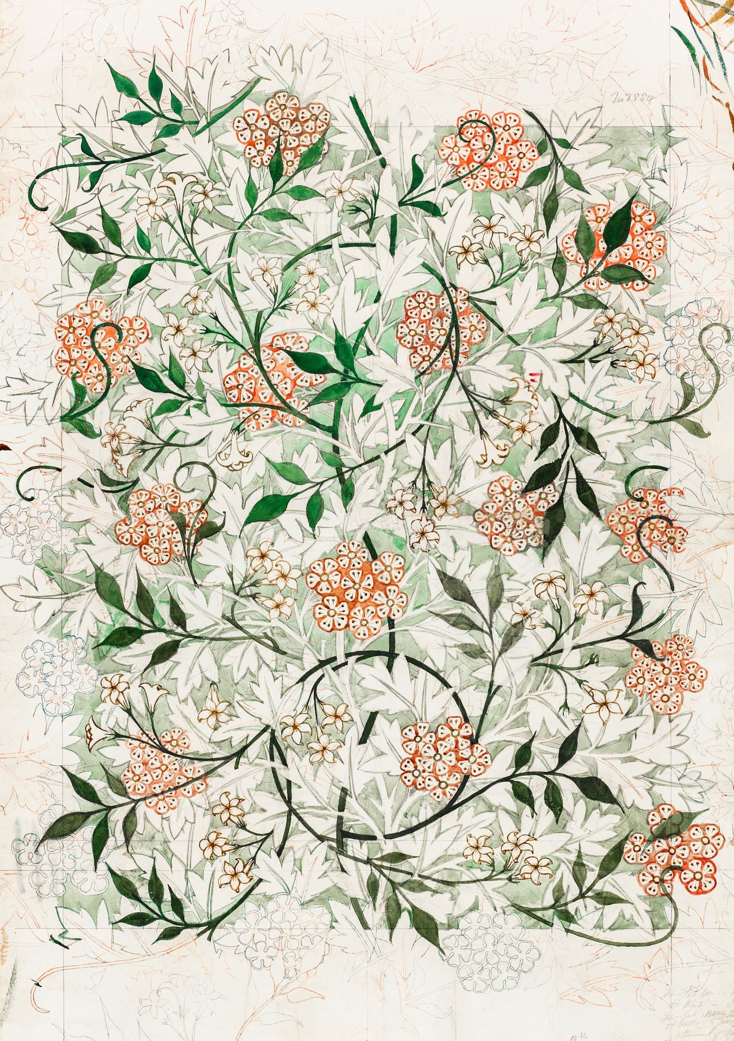 Decorative floral pattern with orange flowers and green leaves on a light background