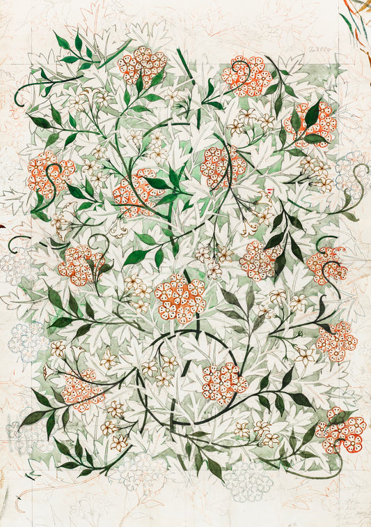 Decorative floral pattern with orange flowers and green leaves on a light background