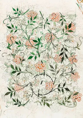 Decorative floral pattern with pink flowers and green leaves on a white background
