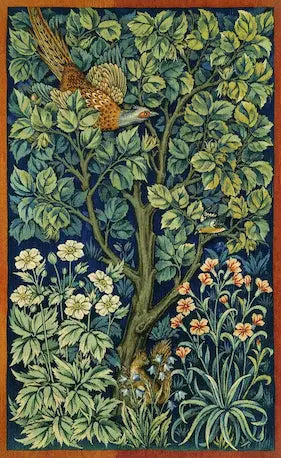 Tapestry with a bird perched on a branch among leaves and flowers