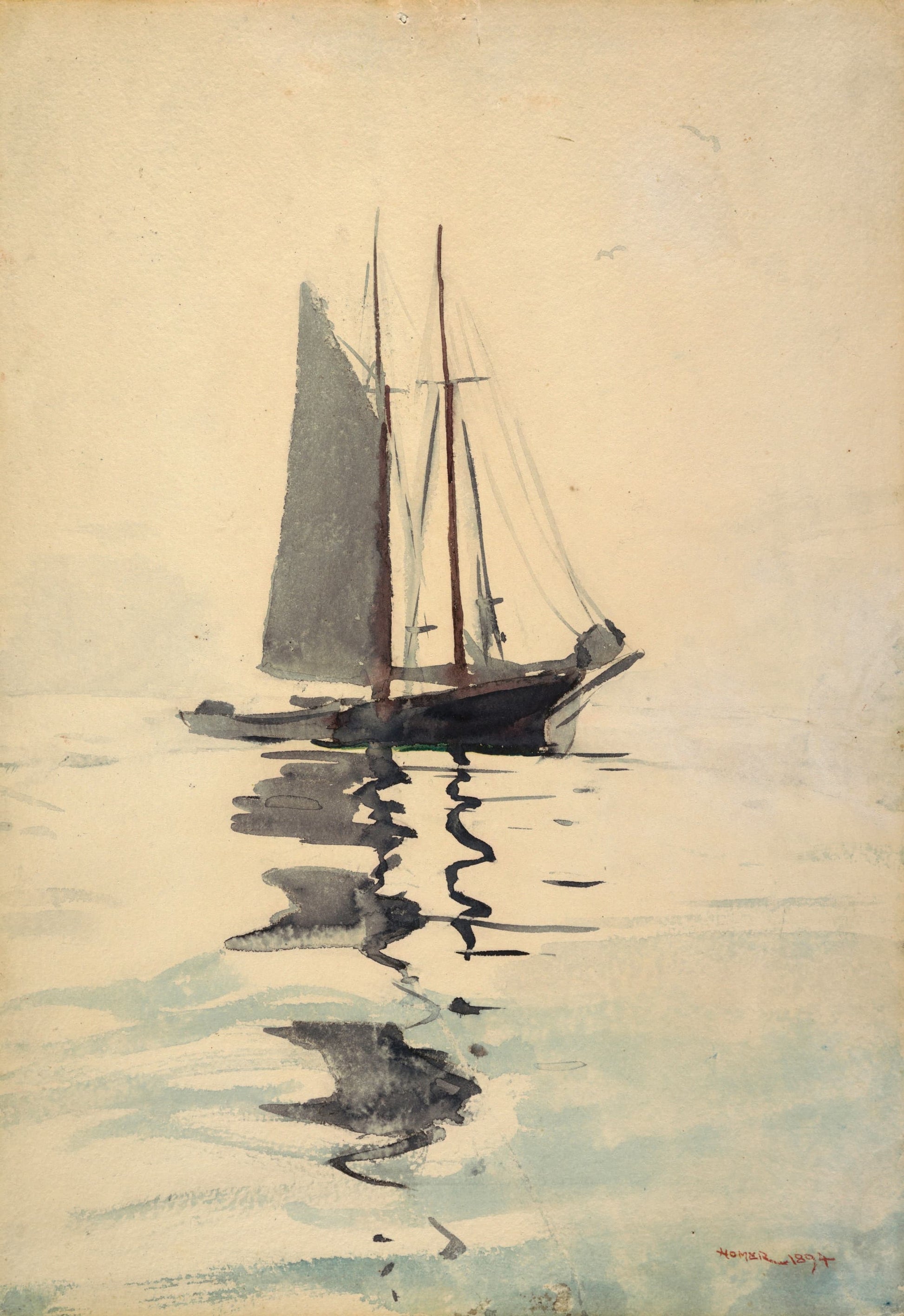 Sailboat reflected in water with a soft, pastel background