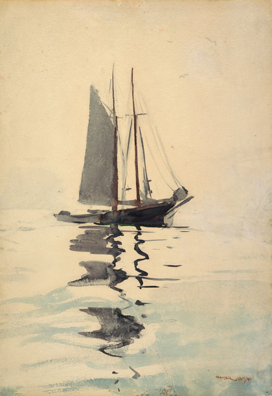 Sailboat reflected in water with a soft, pastel background