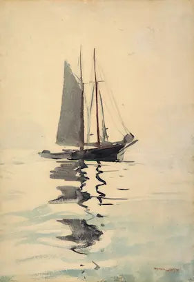 Sailboat reflected in water with a soft, pastel color palette