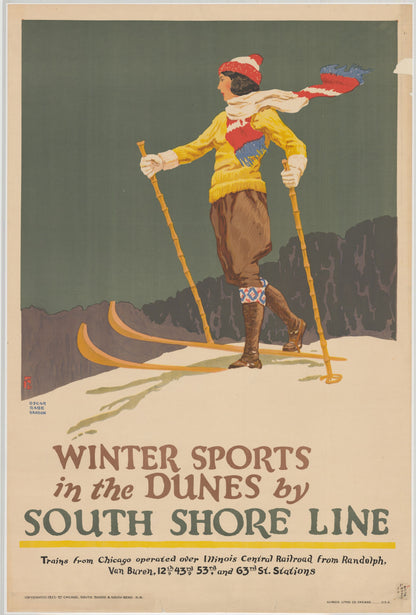 Winter sports in the dunes ski poster, USA (1920s)