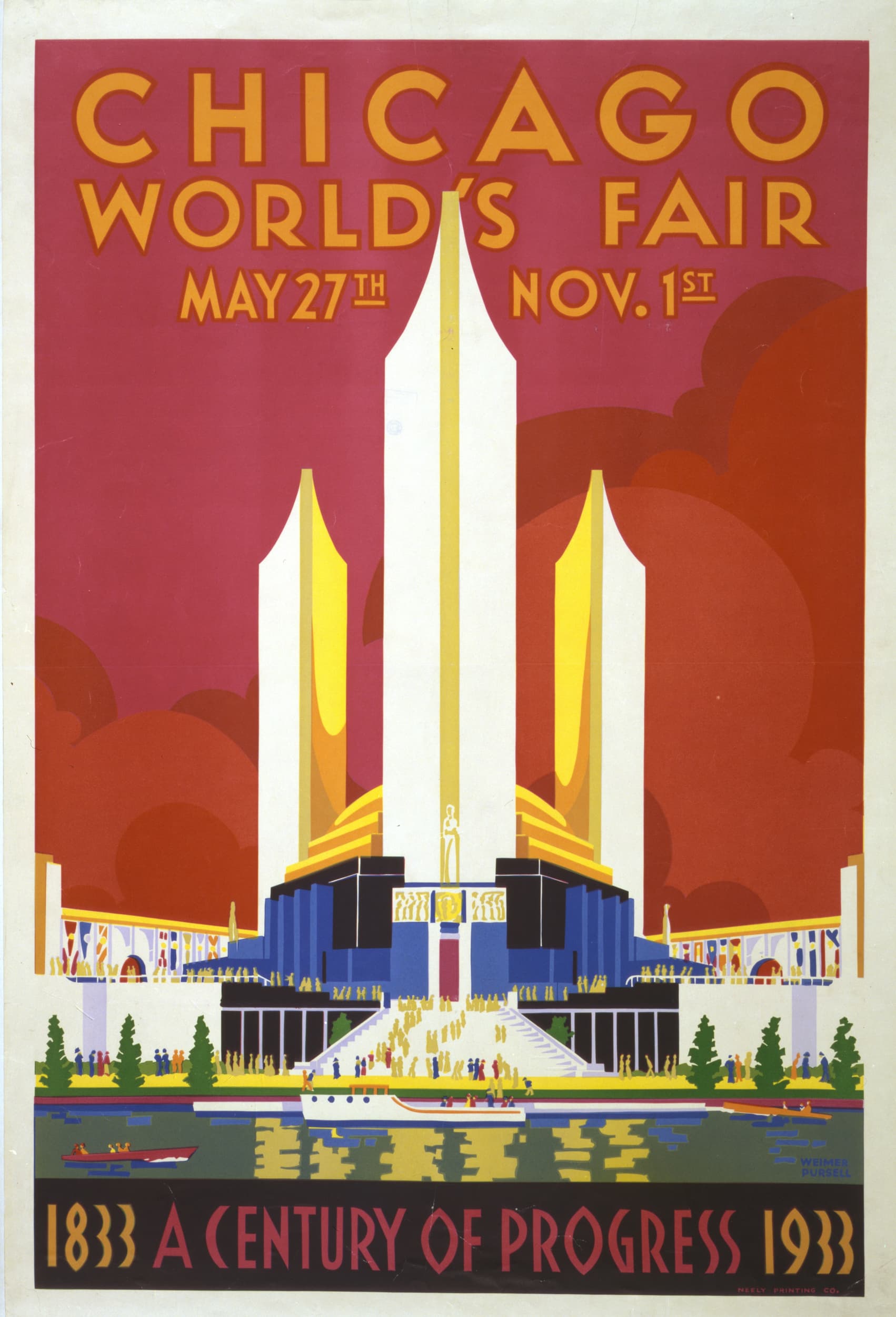 Vintage poster for the Chicago World's Fair with architectural design and text.