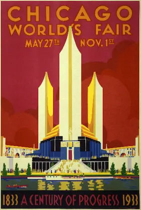 Vintage poster for the Chicago World's Fair with architectural design and text.