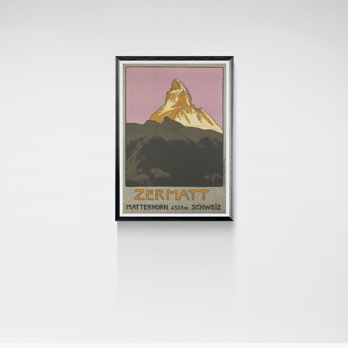 Framed poster of Zermatt with Matterhorn on a pink background