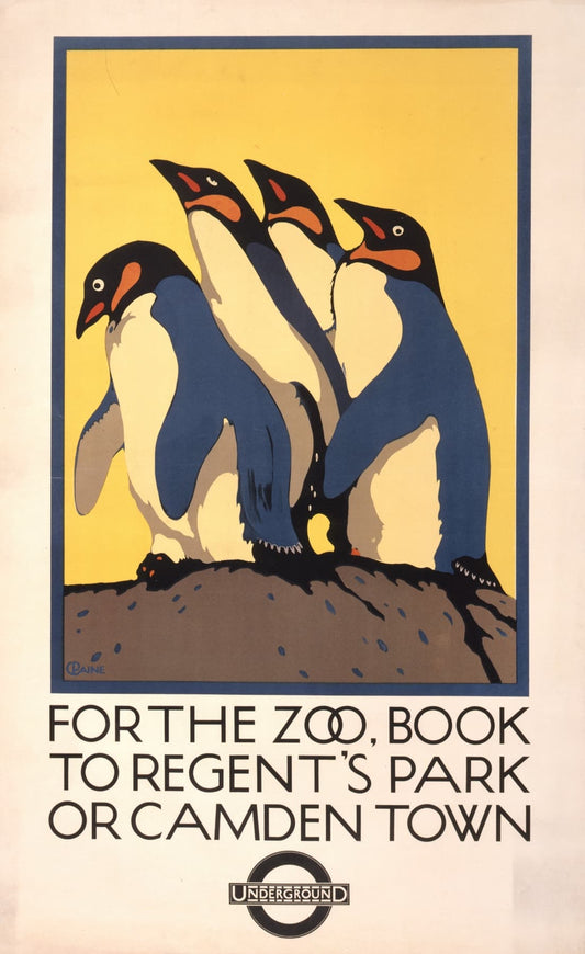 Vintage-style zoo poster with penguins and text about booking tickets to Regent's Park or Camden Town zoo.