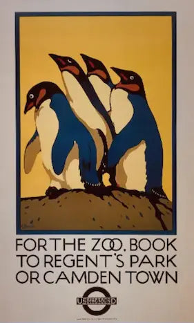 Vintage-style zoo poster with penguins and text about booking tickets to Regent's Park or Camden Town zoo.