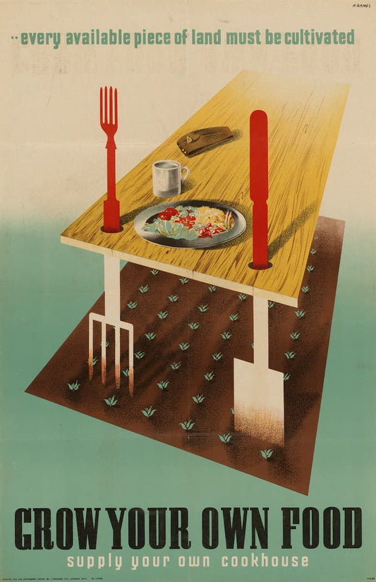 A vintage-style poster illustration showing a wooden table with a plate of food, a red fork, and a red knife, supported by a raised garden bed with a pitchfork and shovel. Text at the top reads '.