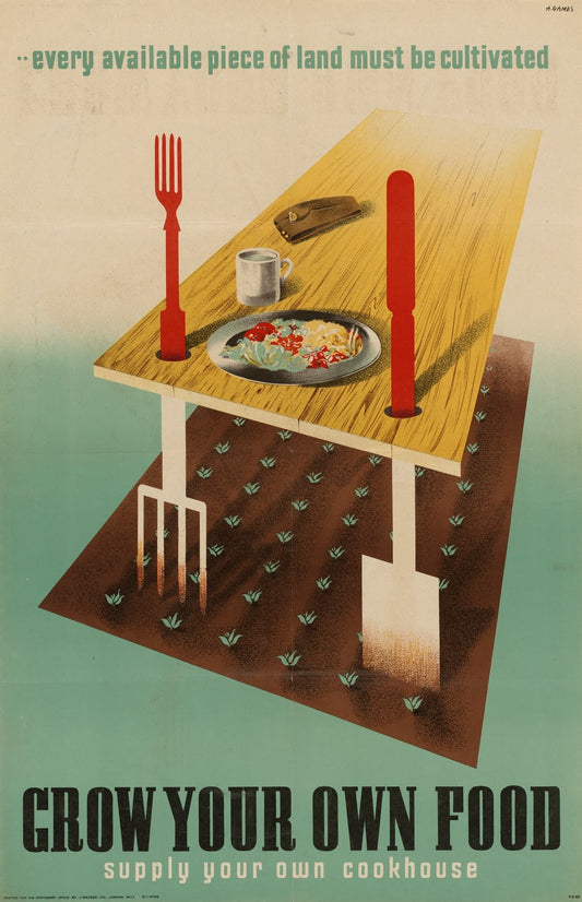 High quality Giclée reproduction of Abram Games' 1940s WWII poster, "Grow Your Own Food," symbolic design with a table over cultivated soil, Mid-Century Modern graphic art.
