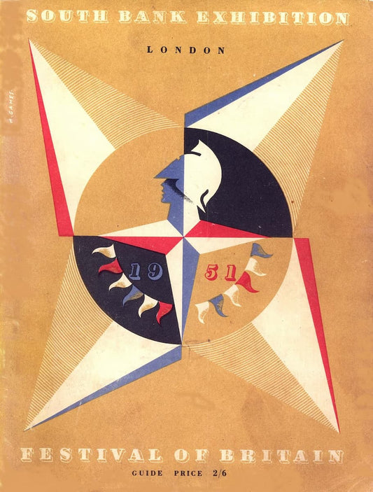 Vintage poster or cover art for the South Bank Exhibition, London, featuring a geometric star design with a profile silhouette in the center and the text 'SOUTH BANK EXHIBITION', 'LONDON', 'FESTIVAL OF BRITAIN', and 'GUIDE PRICE 2/6'.