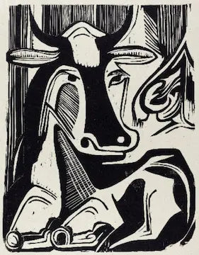 Black and white linocut print of a stylized bull