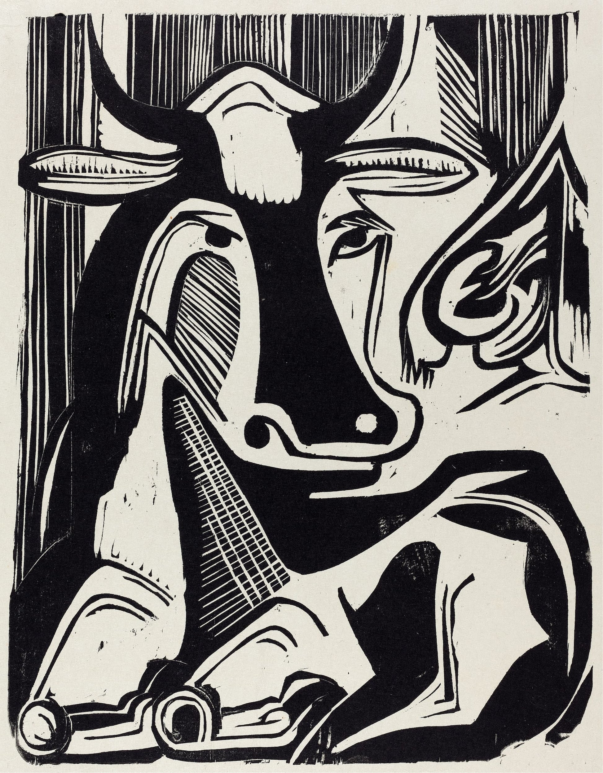 Black and white linocut print of a stylized bull's head.