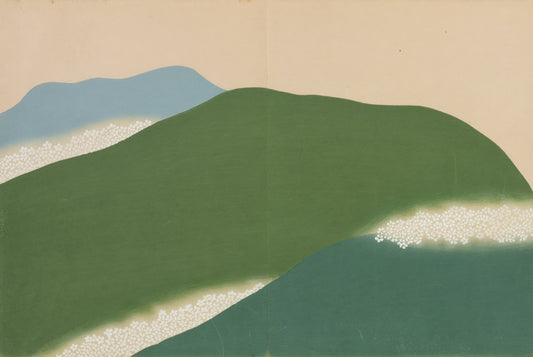 Abstract landscape with green, blue, and beige colors on a beige background