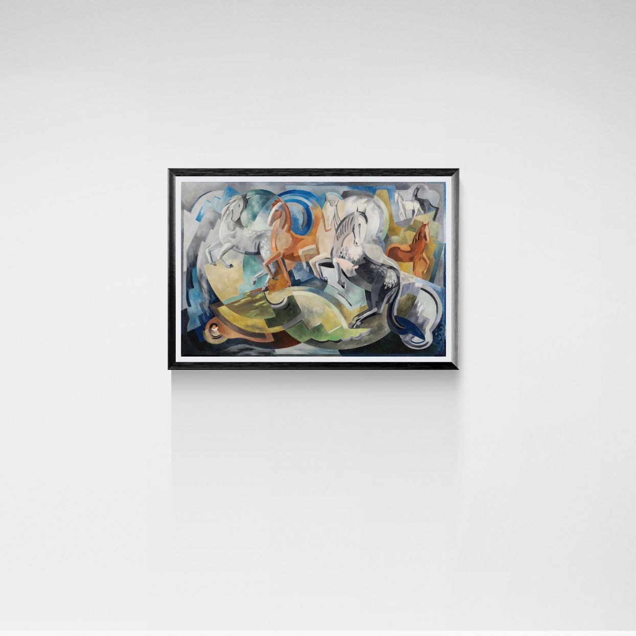 Framed abstract horse painting on a white wall