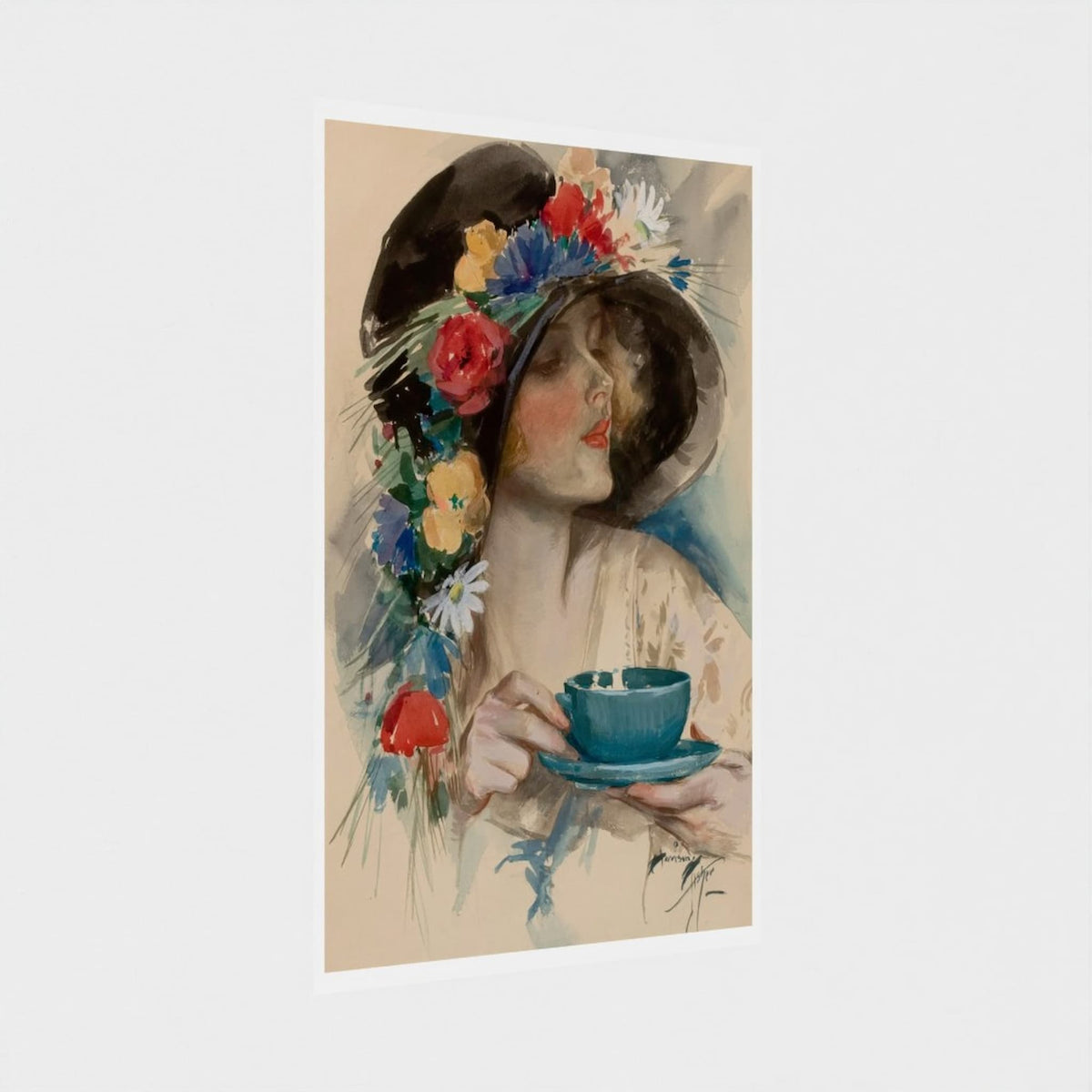 Artistic depiction of a woman with a floral hat holding a blue teacup on a light background