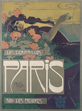 High quality Giclée reproduction of Aleardo Villa's 1901 Art Nouveau poster "Los Cigarrillos Paris," showing a reclining woman smoking amidst poppies.