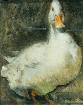 High-quality Giclée reproduction of Alexander Koester's oil painting of a white duck with an orange bill, facing forward against a dark, moody background, vintage 1900s German Impressionist art.